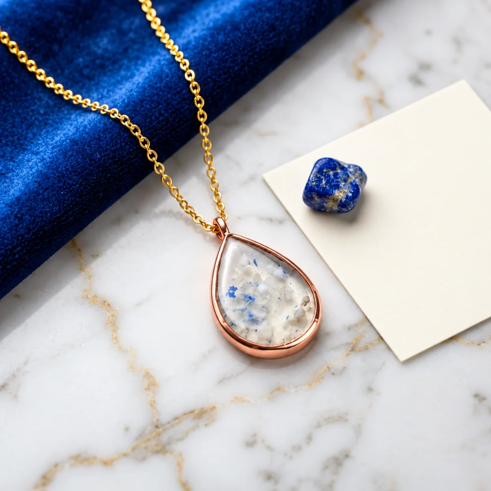 The Lapis & Quartz Dewdrop Necklace — Handcrafted Crushed Blue & White Stone Resin Teardrop Pendant on a Gold-Toned Chain