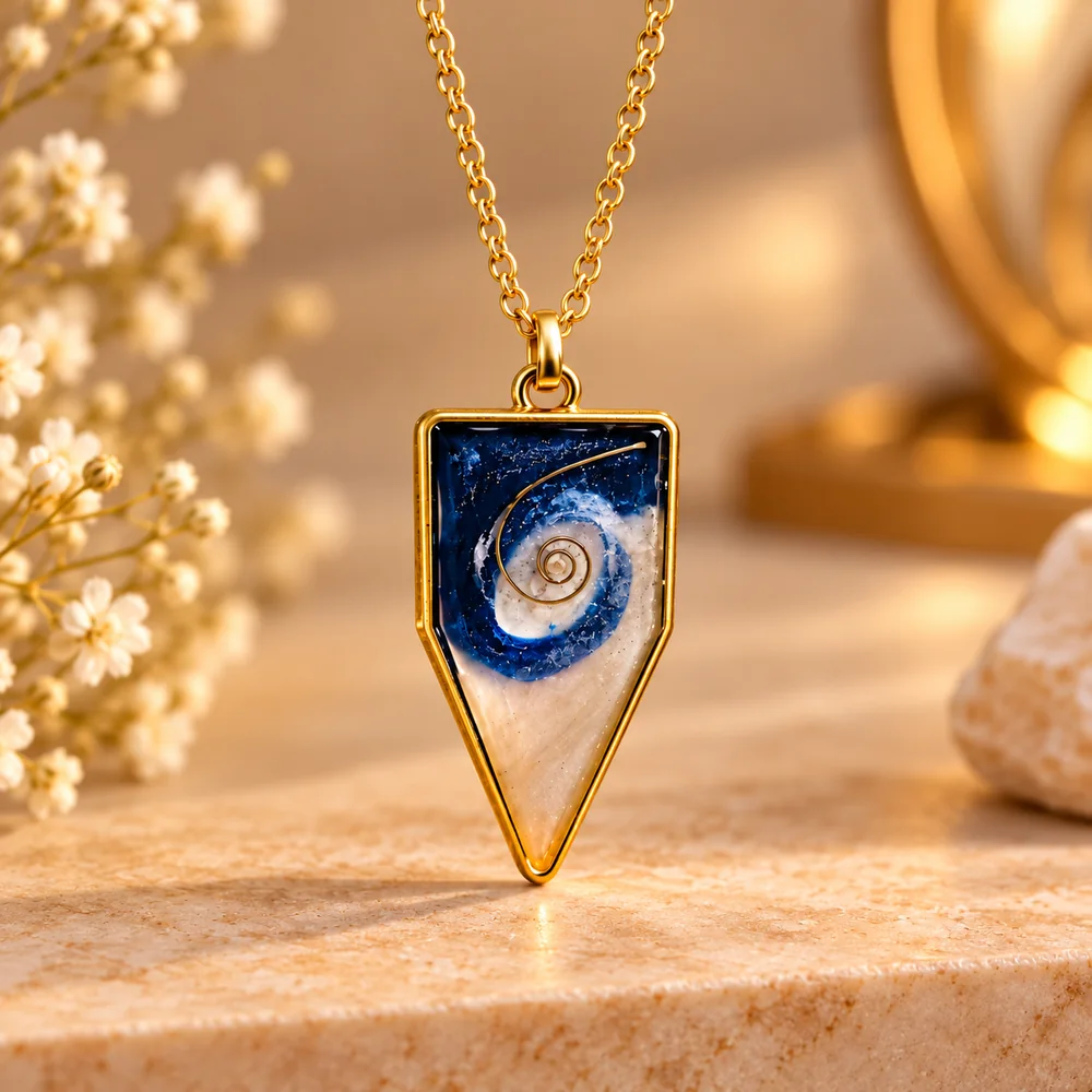 The Golden Crest Wave Necklace — Handcrafted Blue & Pearl Resin Pendant on a Gold-Toned Fashion Link Chain