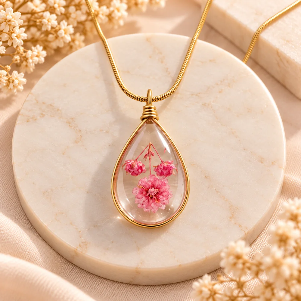 The Blush Dewdrop Botanical Necklace — Real Preserved Pink Blossoms in Crystal-Clear Teardrop Resin on a Gold-Toned Snake Chain